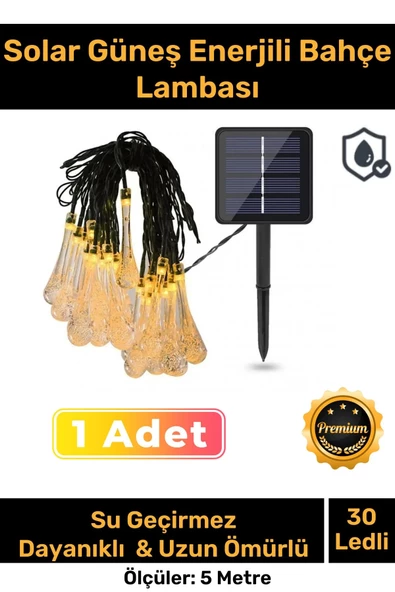 Özel Seri Solar Güneş Enerji 30 Ledli Su Damlaları 5 Metre Uzunluğunda Sarı Renkli Bahçe Aydınlatma