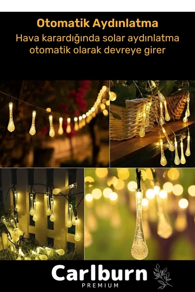 Özel Seri Solar Güneş Enerji Su Damlaları 5 Metre Uzunluğunda Sarı Renkli 30 Ledli Bahçe Aydınlatma - 2