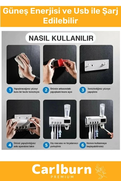 Premium Usb Şarjlı Güneş Enerjili Otomatik Diş Macun Sıkacağı Sterilizatörlü 4 Adet Fırçalığı Tutucu - 2
