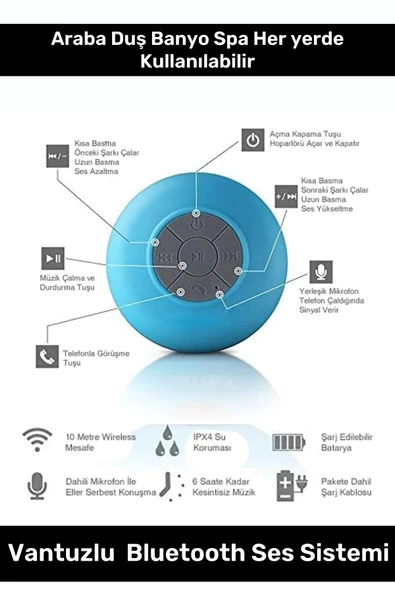 Deluxe Serisi Vantuzlu Su Geçirmez Şarjlı Mini Bluetooth Özellikli Beyaz Duş Kamp Sahil Hoparlörü - 4