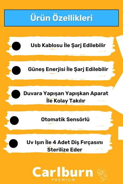 Premium Usb Şarjlı Güneş Enerjili Otomatik Diş Macun Sıkacağı Sterilizatörlü 4 Adet Fırçalığı Tutucu - 5