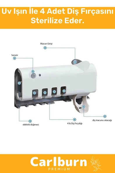Premium Usb Şarjlı Güneş Enerjili Otomatik Diş Macun Sıkacağı Sterilizatörlü 4 Adet Fırçalığı Tutucu - 3