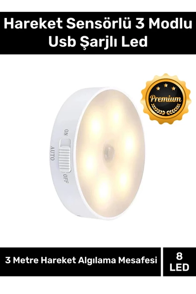 Özel Üretim Mıknatıslı 3 Mod Pratik Hareket Sensörlü 8 Ledli Usb Şarjlı Beyaz Işık Gece Lambası