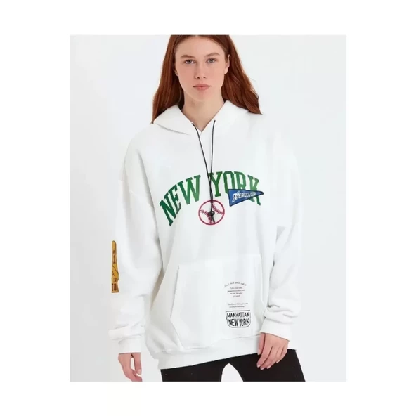 Lucky Life Baskılı Kapüşonlu Sweatshirt - Beyaz - 2