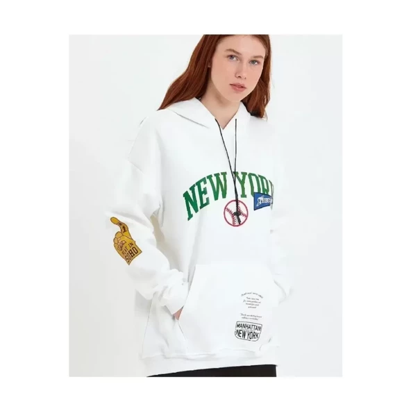 Lucky Life Baskılı Kapüşonlu Sweatshirt - Beyaz