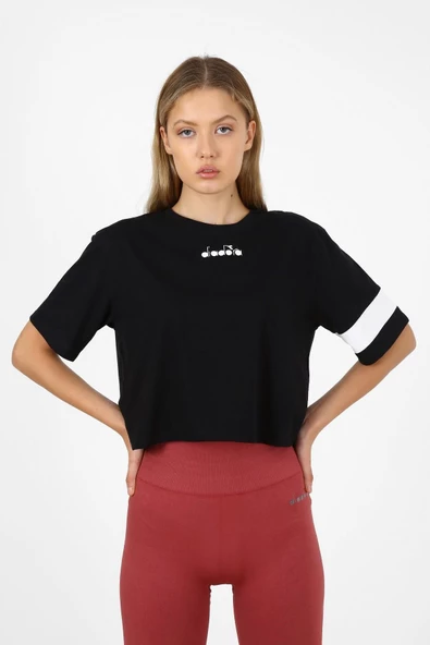 W Crop - Kadın Pamuklu Siyah Crop T-shirt - 175694-80013