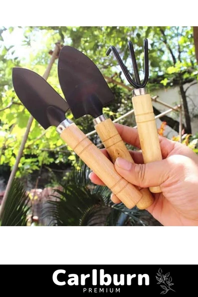 Premium Yüksek Kaliteli Taşınabilir Estetik Ahşap Tırmık Kürek Mini Ahşap Hobi Bahçe Seti 3 Adet - 3