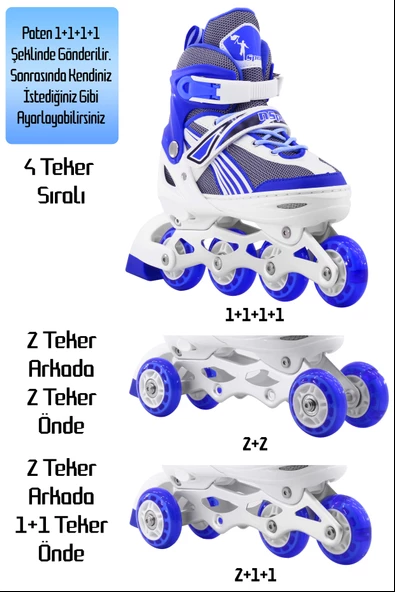 Metal Taban Paten Işıklı Ayarlanabilir Tekerli ve Bedenli Alıştırma Çocuk Genç Pateni MAVİ 8780 - 3