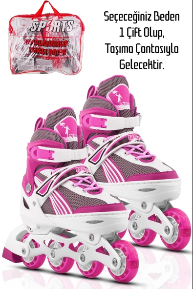 Metal Taban Paten Işıklı Ayarlanabilir Tekerli ve Bedenli Alıştırma Çocuk Genç Pateni PEMBE 8780 - 7