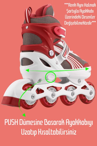 Metal Taban Paten Işıklı Ayarlanabilir Tekerli ve Bedenli Alıştırma Çocuk Genç Pateni KIRMIZI 8780 - 2