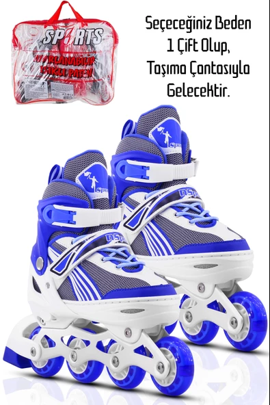 Metal Taban Paten Işıklı Ayarlanabilir Tekerli ve Bedenli Alıştırma Çocuk Genç Pateni MAVİ 8780 - 7