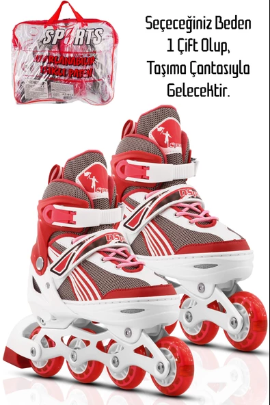 Metal Taban Paten Işıklı Ayarlanabilir Tekerli ve Bedenli Alıştırma Çocuk Genç Pateni KIRMIZI 8780 - 7