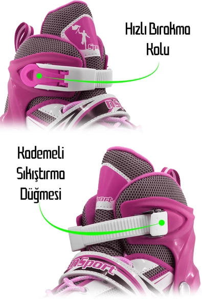 Metal Taban Paten Işıklı Ayarlanabilir Tekerli ve Bedenli Alıştırma Çocuk Genç Pateni PEMBE 8780 - 4