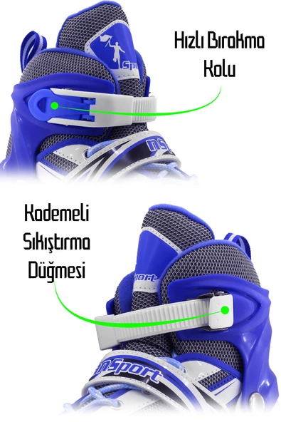 Metal Taban Paten Işıklı Ayarlanabilir Tekerli ve Bedenli Alıştırma Çocuk Genç Pateni MAVİ 8780 - 4