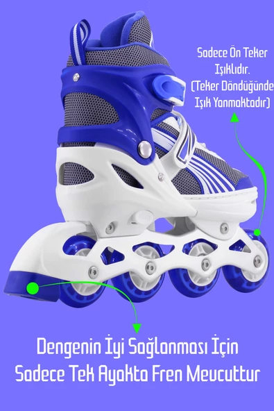Metal Taban Paten Işıklı Ayarlanabilir Tekerli ve Bedenli Alıştırma Çocuk Genç Pateni MAVİ 8780 - 6