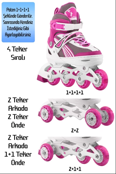 Metal Taban Paten Işıklı Ayarlanabilir Tekerli ve Bedenli Alıştırma Çocuk Genç Pateni PEMBE 8780 - 3