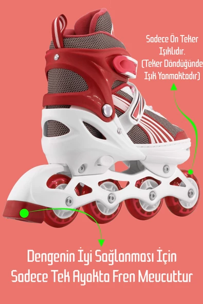 Metal Taban Paten Işıklı Ayarlanabilir Tekerli ve Bedenli Alıştırma Çocuk Genç Pateni KIRMIZI 8780 - 6
