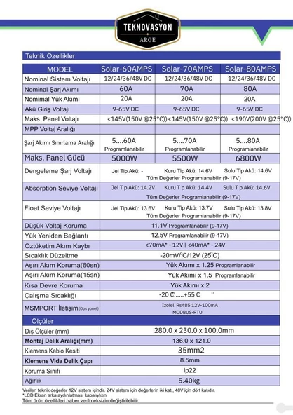 80A Mppt Solar Şarj Kontrol 12-24-36-48V Havensis Solar-80Amps - 2