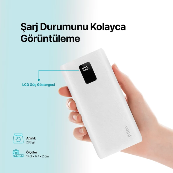 ttec PowerSlim Trio LCD 10.000mAh PD 22,5W Dahili Kablolu Taşınabilir Şarj Aleti / Powerbank - 12