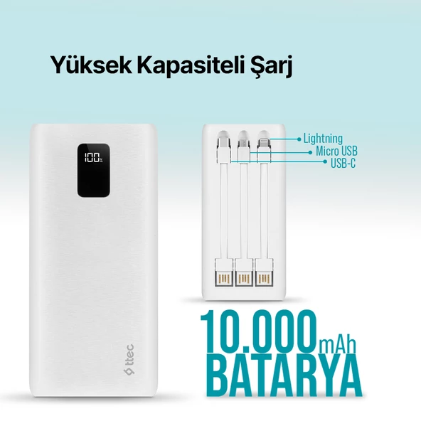 ttec PowerSlim Trio LCD 10.000mAh PD 22,5W Dahili Kablolu Taşınabilir Şarj Aleti / Powerbank - 9