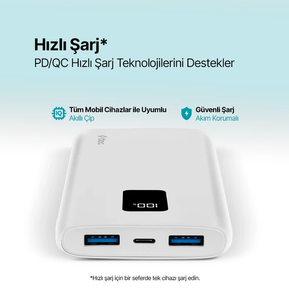 ttec PowerSlim Trio LCD 10.000mAh PD 22,5W Dahili Kablolu Taşınabilir Şarj Aleti / Powerbank - 10