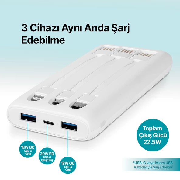 ttec PowerSlim Trio LCD 10.000mAh PD 22,5W Dahili Kablolu Taşınabilir Şarj Aleti / Powerbank - 11