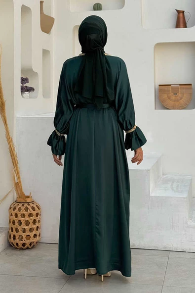 Taş İşleme Detaylı Kuşaklı Elbiseli Abaya Takım 3860 Zümrüt - Resim 2