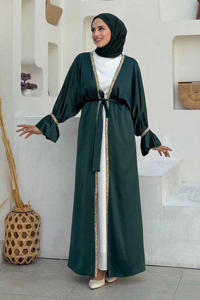 Taş İşleme Detaylı Kuşaklı Elbiseli Abaya Takım 3860 Zümrüt ürün görseli