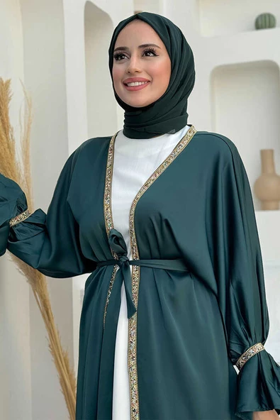 Taş İşleme Detaylı Kuşaklı Elbiseli Abaya Takım 3860 Zümrüt - Resim 4