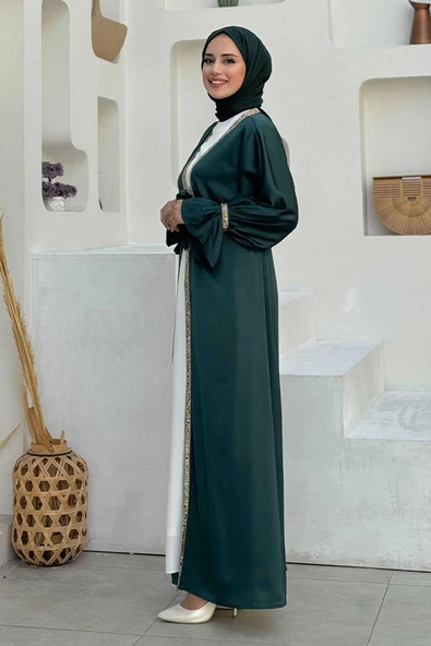 Taş İşleme Detaylı Kuşaklı Elbiseli Abaya Takım 3860 Zümrüt - Resim 3