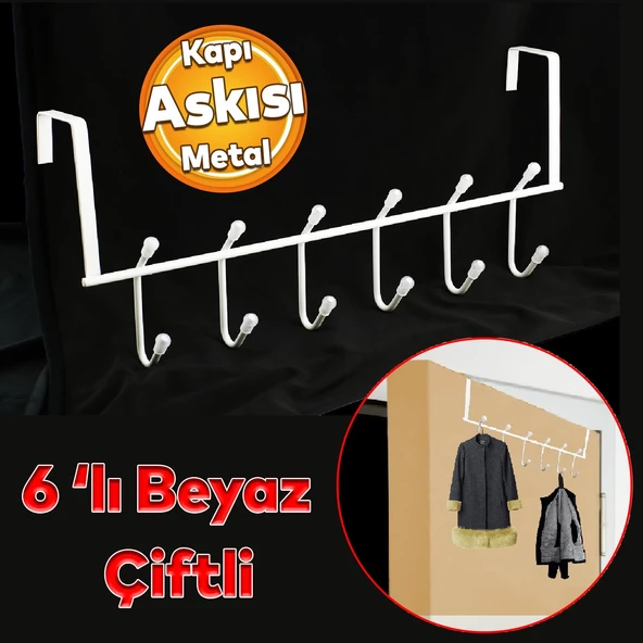 Ahşap Kapı Arkası Çift Askılık Elbise Havlu Asma Askı Metal 6'lı Banyo Lavabo Sağlam Aparat Beyaz