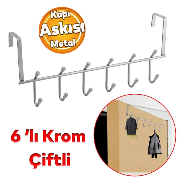 Ahşap Kapı Arkası Çiftli Askılık Elbise Havlu Asma Askı Metal 6'lı Banyo Lavabo Sağlam Aparat Krom