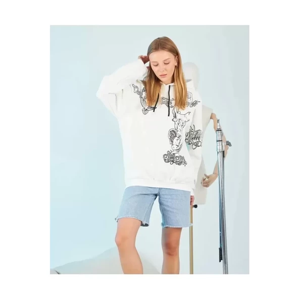 Lucky Life Kapşonlu Strong Heykel Baskılı Sweatshirt - Beyaz