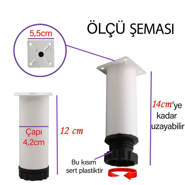 2 Adet Metal Ayarlanabilir 12 cm Beyaz Destek Ayağı Mobilya Kanepe Baza Koltuk Dolap Sehpa TV Ünitesi Ayağı - 3
