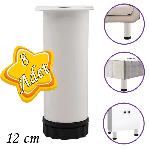 8 Adet Metal Ayarlanabilir 12 cm Beyaz Destek Ayak Mobilya Kanepe Baza Koltuk Dolap Sehpa TV Ünitesi Ayağı