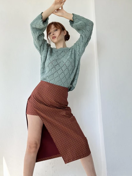 Retrobird Janet Yırtmaçlı Yüksek Bel Midi Şortlu Etek Kadın Bordo - 3