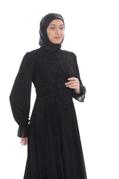 İşleme Detaylı Tesettür Abiye Elbise 634-Siyah - 3