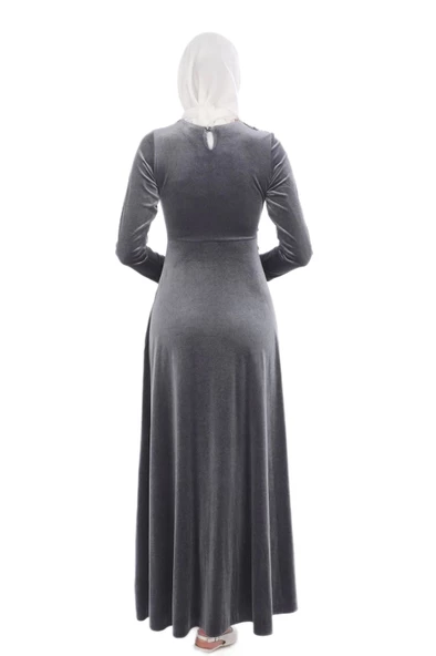 Aplike Detaylı Kadife Tesettür Abiye Elbise 694-Gri - Resim 4