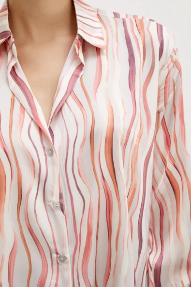 Dalga Çizgili V Yaka Gömlek Oranj - Resim 3