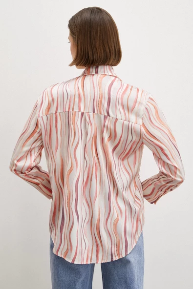 Dalga Çizgili V Yaka Gömlek Oranj - Resim 2