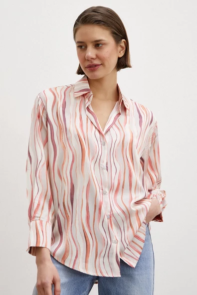 Dalga Çizgili V Yaka Gömlek Oranj - Resim 4