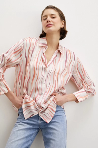 Dalga Çizgili V Yaka Gömlek Oranj ürün görseli