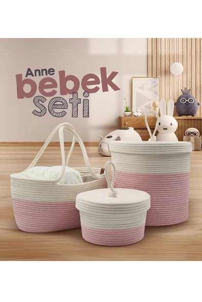 Jasper Jüt İp Hasır Pembe Anne Bebek Bakım Çantası Anne Bebek Set Organizeri