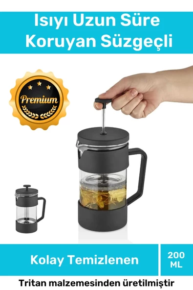 Özel Üretim Isıyı Uzun Süre Koruyan Süzgeçli Bitki Çayı Demliği Filtre Kahve French Press 200 ml