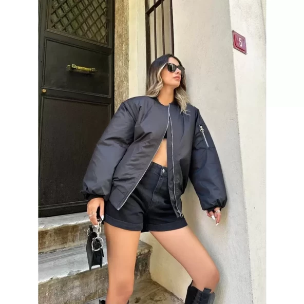 Lucky Life Düz Bomber Ceket - Siyah - 2