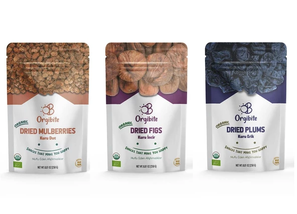 Orgibite 3lü Set 250GR Organik Kuru Dut ,Organik Kuru Erik ve Organik Kuru İncir