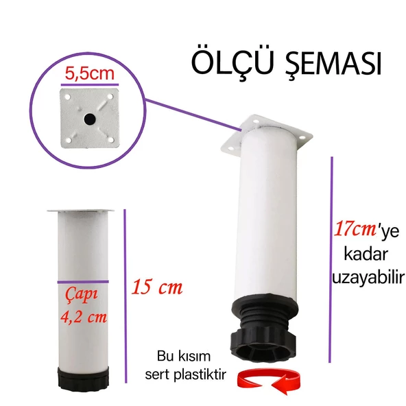 4 Adet Metal Ayarlanabilir 15 cm Beyaz Destek Ayak Mobilya Kanepe Baza Koltuk Dolap Sehpa TV Ünitesi Ayağı - Resim 3