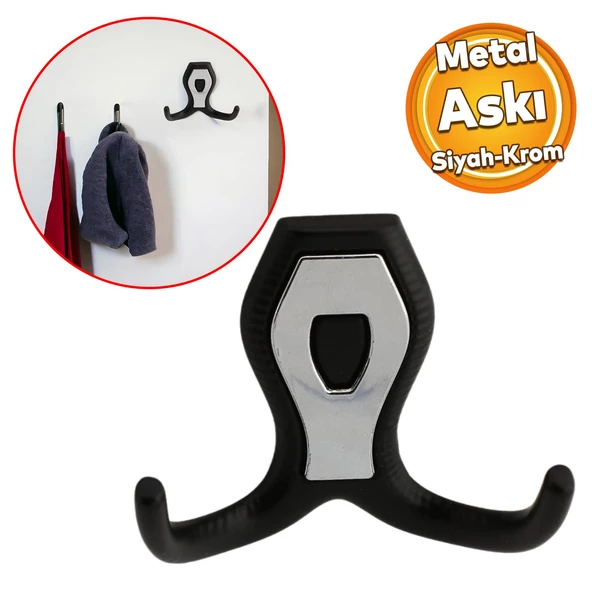 Galata Askı Vestiyer Mobilya Duvar Askısı Metal Dolap Elbise Askılığı Siyah Renk Krom Kapaklı