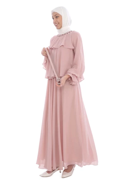 Yaka Boncuk İşlemeli Çift Volanlı Tesettür Elbise 2713-Pudra - Resim 3