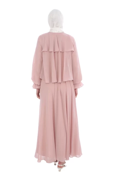 Yaka Boncuk İşlemeli Çift Volanlı Tesettür Elbise 2713-Pudra - Resim 4